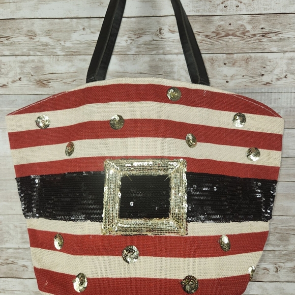 Handbags - NWOT, Mudpie, Red and White Striped Tote Bag, With Black and Silver Sequins.